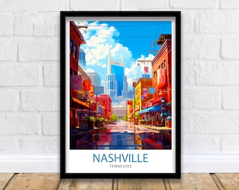 May include: A colorful illustration of a street scene in Nashville, Tennessee. The street is lined with buildings and there is a tall skyscraper in the background. The sky is blue with white clouds. The text "NASHVILLE TENNESSEE" is at the bottom of the image.