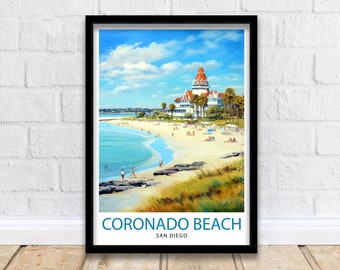Poster di viaggio sulla spiaggia di Coronado, California, Sandy Shores, vista sull'oceano Pacifico, stampa, decorazione murale della costa di San Diego, illustrazione di fuga al mare