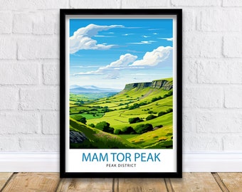 May include: A colorful illustration of Mam Tor Peak in the Peak District. The image shows a green valley with a rocky cliff in the background. The sky is blue with white clouds. The text "Mam Tor Peak" and "Peak District" is printed below the image.