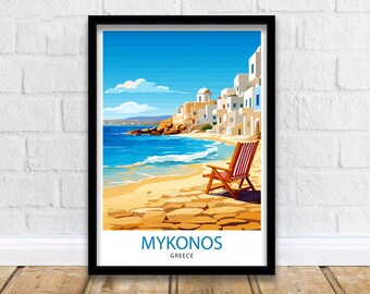 Impresión de viaje a Mykonos, Grecia, decoración de pared de Mykonos, póster de la isla de Mykonos, impresiones de viajes a Grecia, impresión artística de Mykonos, ilustración de Mykonos