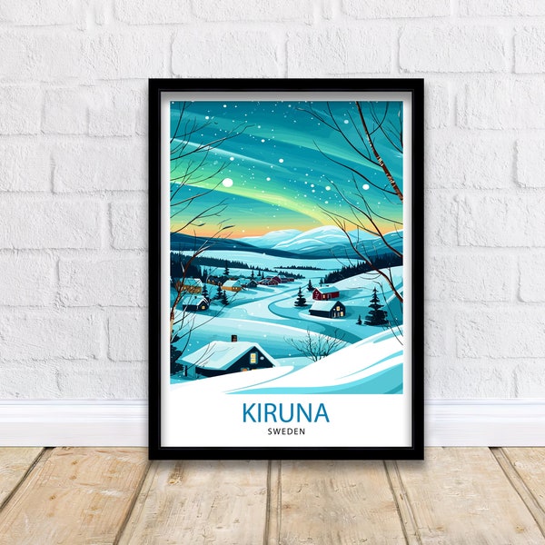 Kiruna Sweden Print  Arctic Circle City Art Swedish Lapland Poster Northern Lights Wall Decor Sami Culture Illustration Scandinavian