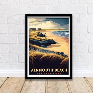 Alnmouth Beach Northumberland Travel Print  Alnmouth Wall Decor Alnmouth Home Living Decor Northumberland Illustration Travel Poster Gift