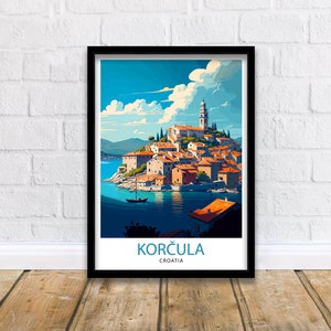 May include: A vintage travel poster featuring a colorful illustration of Korcula, Croatia. The poster has a blue sky with white clouds, a small boat in the water, and a town with red-roofed buildings on a small island. The text "KORCULA CROATIA" is at the bottom of the poster.