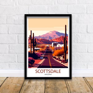 Póster de viaje de Scottsdale, Arizona. Arte mural de Scottsdale. Impresión del desierto de Arizona. Decoración de viaje del suroeste. Ilustración de Scottsdale. Impresión artística de Arizona.