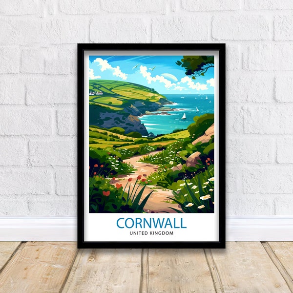 Cornwall United Kingdom Print  Coastal Charm Art English Seaside Poster Cornish Coastline Wall Decor British Countryside Illustration