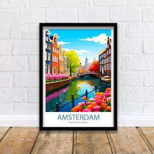 Amsterdam Travel Print  Amsterdam Wall Art Amsterdam Cityscape Netherlands Illustration Amsterdam Travel Poster Gift for Amsterdam Lovers