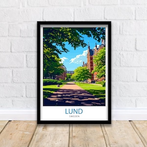 Impresión de Lund, Suecia. Encantadora ciudad universitaria. Arte. Póster histórico de la ciudad sueca. Decoración de pared con calles adoquinadas escénicas. Catedral de Lund.