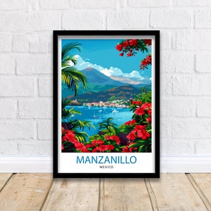 Manzanillo Mexico Travel Poster Tropical Paradise Art Mexican Beach Resort Print  Pacific Coast Wall Decor Exotic Destination Illustration