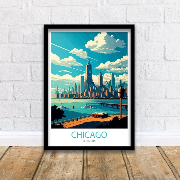 Chicago Travel Print| Chicago Wall Art Chicago Skyline Decor Illinois Travel Poster Chicago Cityscape Art Chicago Gift Chicago Home Decor