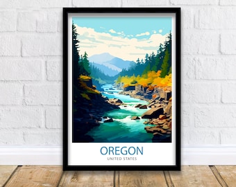 May include: A vintage travel poster featuring a scenic view of a river flowing through a lush forest in Oregon, United States. The poster has a blue sky with white clouds and a mountain range in the background. The text "OREGON" and "UNITED STATES" is printed in blue at the bottom of the poster.