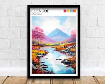 Impresión de viaje de Glencoe, Escocia. Arte mural de Glencoe. Impresión de paisaje de Glencoe, Escocia. Póster de viaje de Escocia. Impresión de las Tierras Altas de Escocia.