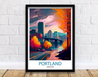 May include: A colorful illustration of the Portland skyline with a bridge and trees in the foreground. The text "PORTLAND OREGON" is at the bottom of the image.