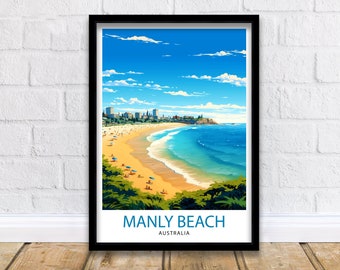 May include: A colorful illustration of Manly Beach in Australia. The image shows a sandy beach with blue water and a city skyline in the background. The text "MANLY BEACH AUSTRALIA" is at the bottom of the image.