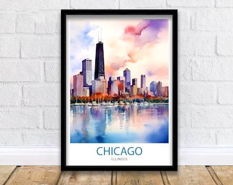 Chicago Travel Print  Chicago Wall Art Chicago Poster Chicago Illinois Print Chicago Skyline Art Travel Decor Chicago Gift