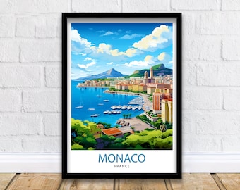 May include: A colorful illustration of Monaco, France. The image shows a cityscape with buildings, a harbor, and boats. The sky is blue with white clouds. The text "MONACO FRANCE" is at the bottom of the image.