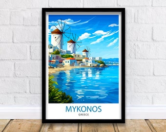 Puede incluir: Una ilustración colorida de edificios blancos con molinos de viento en una pequeña isla en Grecia. El agua es azul y el cielo es azul brillante con nubes blancas. El texto "MYKONOS GREECE" está en la parte inferior de la imagen.