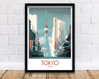Resetryck i Tokyo, Japan, väggkonst, Tokyo, illustration, Japan, reseaffisch, Tokyos skyline, Japan, heminredning, Tokyo, gåva