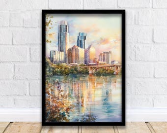 Austin Texas Watercolor Painting Austin Skyline Art Texas Print Scenic Cityscape Decor