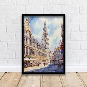 Brussels Grand-Place Watercolor Painting Belgium Cityscape Art Print European Travel Decor Gift for Belgium Lovers