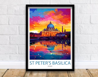 May include: A colorful, abstract illustration of St. Peter's Basilica in Rome, Italy. The basilica is depicted in a vibrant, geometric style with a blue dome and a reflection in the water below. The text "ST PETER'S BASILICA" and "ROME" is displayed at the bottom of the image.