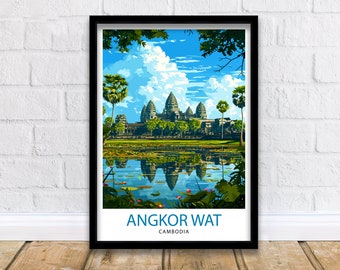 Angkor Wat Cambogia Stampa Antico Tempio Arte Siem Reap Punto di riferimento Poster Architettura Khmer Decorazione murale Sito storico Illustrazione Sud-est
