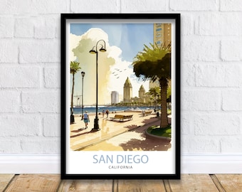 Impresión de viaje a San Diego, California, decoración de pared de San Diego, decoración del hogar de San Diego, ilustración de San Diego, póster de viaje de San Diego, regalo