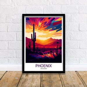 May include: A colourful abstract illustration of a desert landscape with a large saguaro cactus in the foreground. The sky is a vibrant orange and pink, with a mountain range in the distance. The text "PHOENIX ARIZONA" is at the bottom of the image.