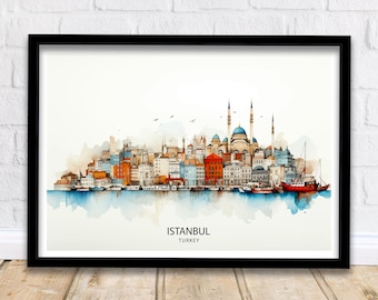 May include: Watercolor painting of the Istanbul skyline, featuring a cityscape with multiple minarets and a blue domed mosque. The text "ISTANBUL" and "TURKEY" is printed below the image.