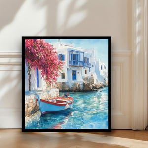 Mykonos Landscape Watercolour Painting Poster Greece Wall Art Coastal Island Scene Print Gift for Europe Lovers and Fans of Scenic Greek