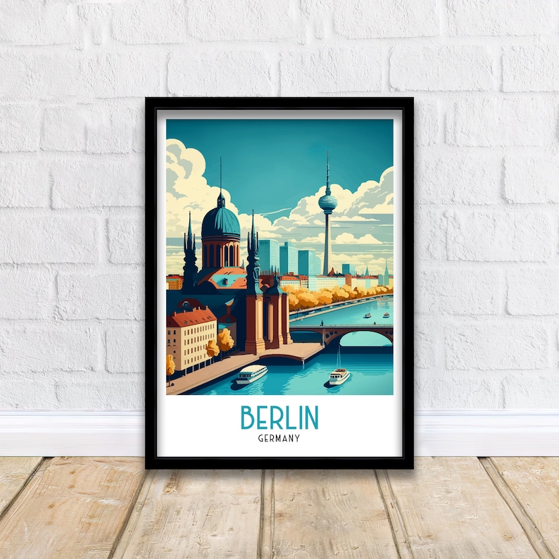 May include: A vintage travel poster featuring a colorful illustration of the Berlin skyline, including the iconic Brandenburg Gate and the Fernsehturm. The poster has a blue, green, and orange color scheme and the text "BERLIN GERMANY" at the bottom.