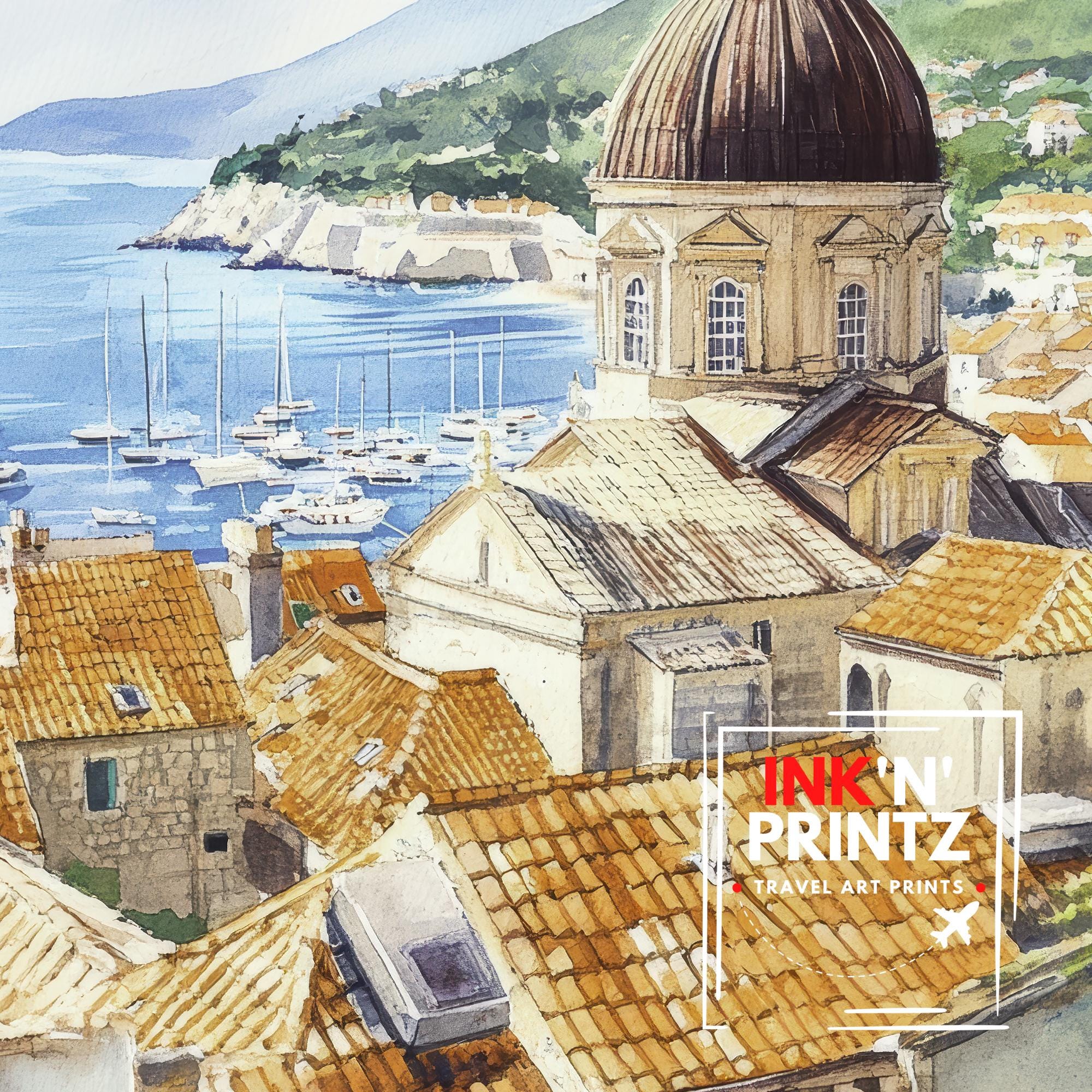ドゥブロヴニク旧市街の水彩画、クロアチア旅行の絵画、アドリア海の壁