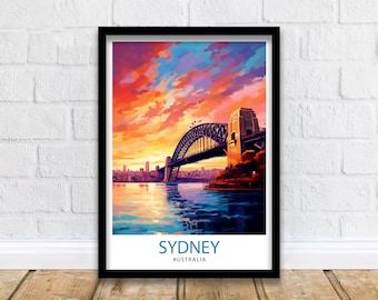 May include: A colorful painting of the Sydney Harbour Bridge in Australia. The bridge is a steel arch bridge with a blue sky and orange clouds in the background. The text "SYDNEY AUSTRALIA" is at the bottom of the image.