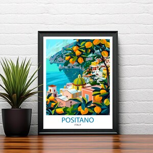 K&ouml;nnte beinhalten: Eine farbenfrohe Illustration von Positano, Italien, mit einem Zitronenbaum im Vordergrund und einem Blick auf die Stadt und das Mittelmeer im Hintergrund. Der Text "Positano, Italien" ist unter dem Bild gedruckt.