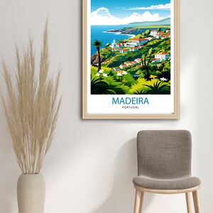 May include: A colourful illustration of a town on a hillside overlooking the ocean. The text "MADEIRA PORTUGAL" is at the bottom of the image.