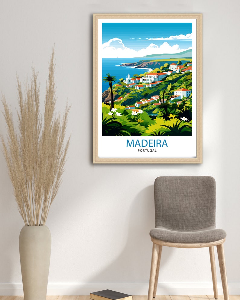 May include: A colourful illustration of a town on a hillside overlooking the ocean. The text "MADEIRA PORTUGAL" is at the bottom of the image.