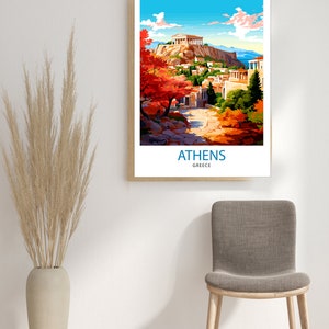 May include: A colorful illustration of the Acropolis in Athens, Greece. The image is in a vintage travel poster style with a blue sky and white clouds. The text "ATHENS GREECE" is at the bottom of the image.