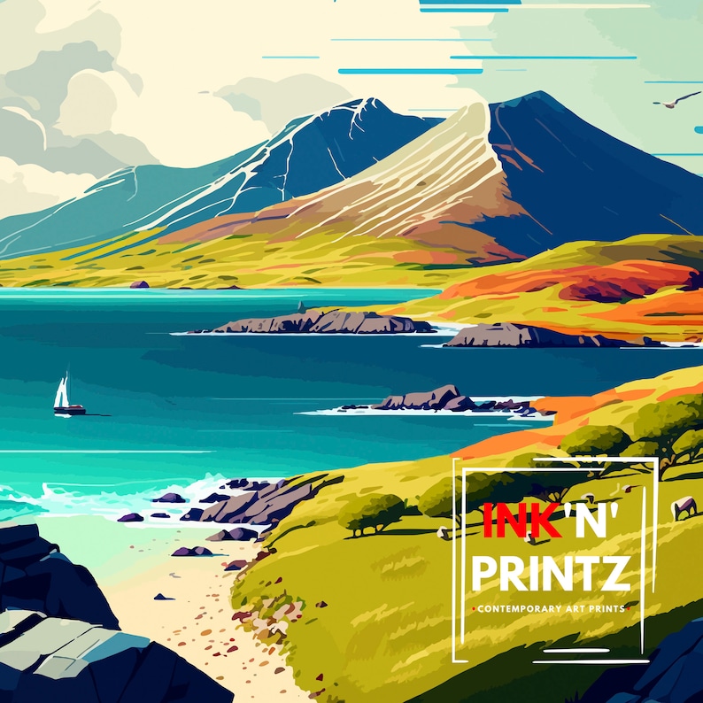 May include: A digital painting of a mountain range with a blue and white color scheme. The mountains are in the background, with a body of water in the foreground. There is a small sailboat in the water. The text "INK'N' PRINTZ CONTEMPORARY ART PRINTS" is in the lower right corner of the image.
