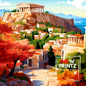 May include: A colorful illustration of a cityscape with a large white building on a hilltop. The city is surrounded by trees and a body of water. The text "INK'N' PRINTZ TRAVEL ART PRINTS" is in the lower right corner of the image.