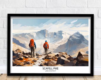 Scafell Pike Travel Print  Lake District Wall Art Scafell Pike Illustration England Travel Poster Gift for Hikers Mountain Wall Decor