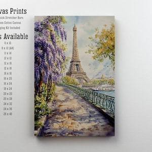 K&ouml;nnte beinhalten: Ein Aquarellgem&auml;lde des Eiffelturms in Paris, Frankreich. Der Turm ist von B&auml;umen und Blumen umgeben. Ein Gehweg f&uuml;hrt zum Turm, und ein Boot ist im Fluss zu sehen. Das Gem&auml;lde ist als Leinwanddruck in verschiedenen Gr&ouml;&szlig;en erh&auml;ltlich.