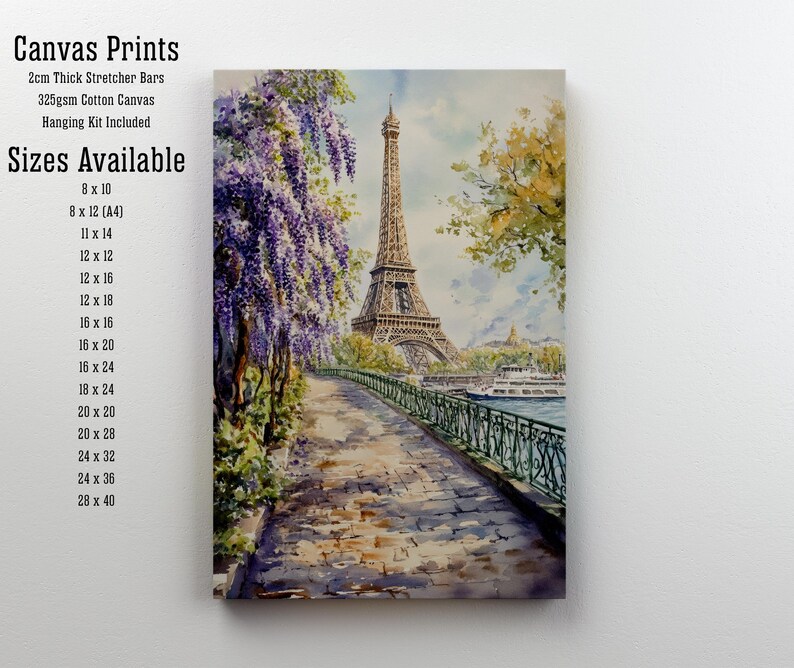 K&ouml;nnte beinhalten: Ein Aquarellgem&auml;lde des Eiffelturms in Paris, Frankreich. Der Turm ist von B&auml;umen und Blumen umgeben. Ein Gehweg f&uuml;hrt zum Turm, und ein Boot ist im Fluss zu sehen. Das Gem&auml;lde ist als Leinwanddruck in verschiedenen Gr&ouml;&szlig;en erh&auml;ltlich.
