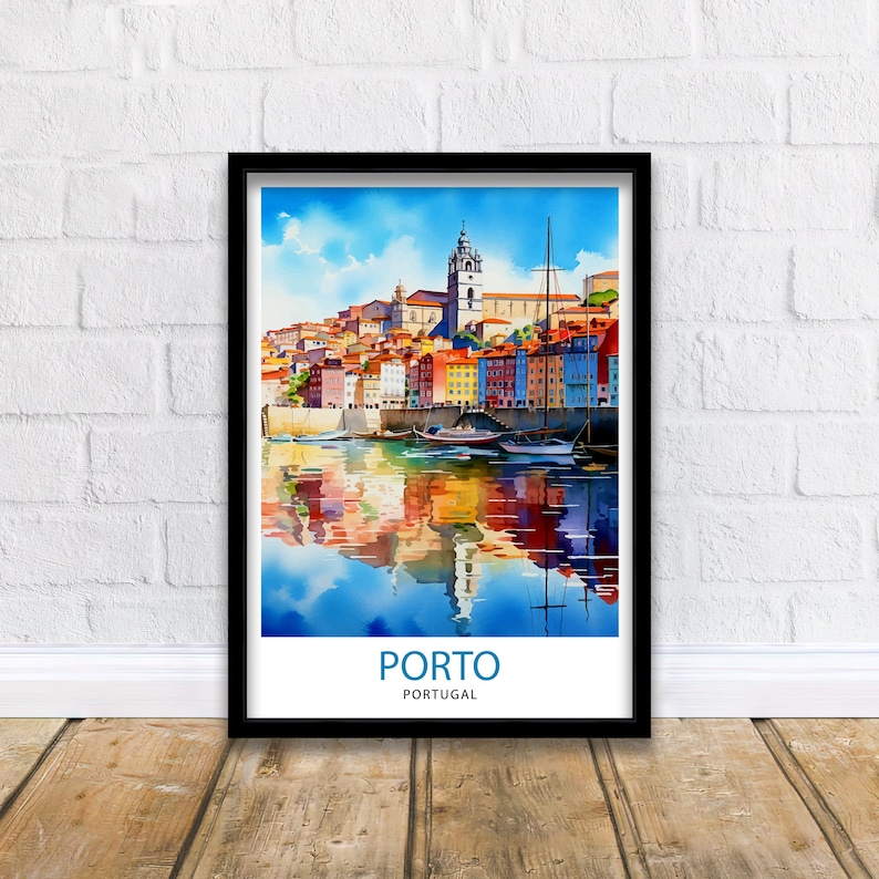May include: A watercolor painting of the city of Porto, Portugal. The painting shows colorful buildings lining the waterfront, with boats docked in the water. The Douro River is reflected in the water, creating a beautiful scene.