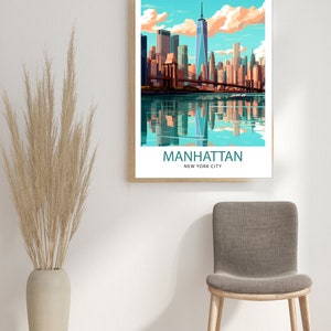 May include: A colorful illustration of the Manhattan skyline with the Freedom Tower, Brooklyn Bridge, and the East River. The text "MANHATTAN NEW YORK CITY" is at the bottom of the image.