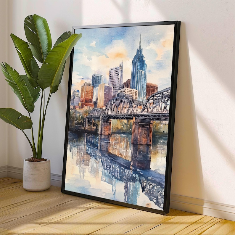 May include: A watercolor painting of a cityscape with a bridge over a river. The city skyline is in the background, with tall buildings and a bridge in the foreground. The painting is done in shades of blue, green, and brown.