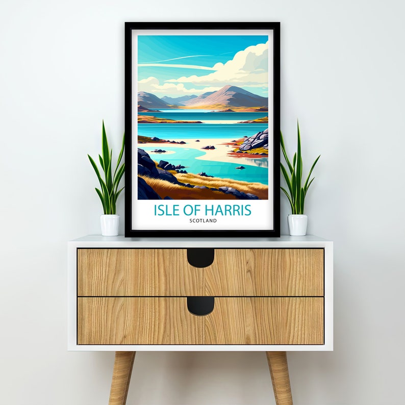 May include: A colorful illustration of a landscape with a body of water and mountains. The text "ISLE OF HARRIS SCOTLAND" is at the bottom of the image.