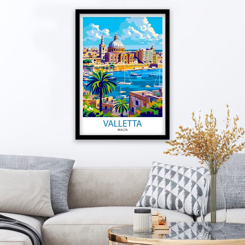 May include: A colorful illustration of Valletta, Malta, featuring a large church with a dome, a harbor with boats, and palm trees. The text "Valletta" and "Malta" are printed below the image.