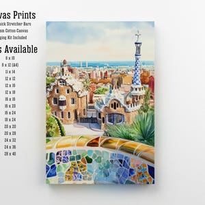 May include: Canvas print of a watercolor painting depicting a cityscape with unique architectural buildings. The artwork features a colorful mosaic wall in the foreground. Sizes available: 8 x 10 inches to 28 x 40 inches. Includes 2cm thick stretcher bars, 325gsm cotton canvas, and a hanging kit.