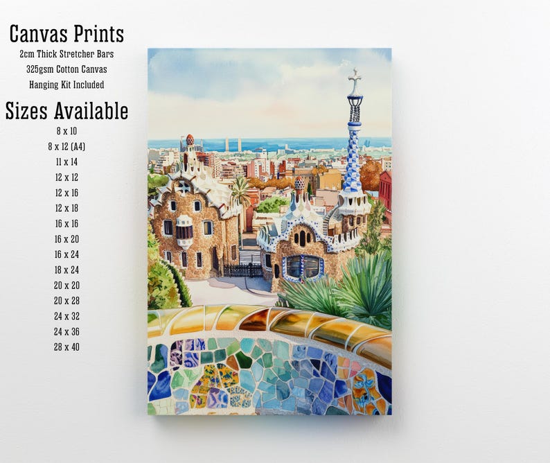 May include: Canvas print of a watercolor painting depicting a cityscape with unique architectural buildings. The artwork features a colorful mosaic wall in the foreground. Sizes available: 8 x 10 inches to 28 x 40 inches. Includes 2cm thick stretcher bars, 325gsm cotton canvas, and a hanging kit.