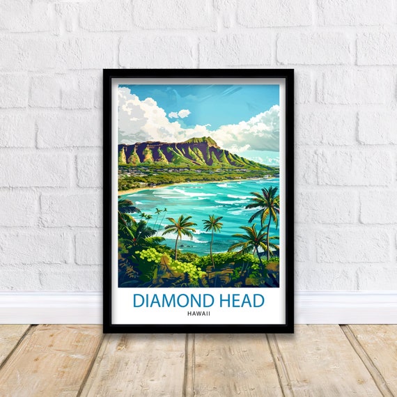 Vintage Hawaiian diamondhead ステンドグラスアート Diamond Head Oahu Travel Print Wall Decor Wall Art Diamond Head