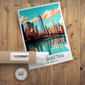 May include: A colorful illustration of the Manhattan skyline with the Freedom Tower in the center. The image is in a retro travel poster style with a blue and teal background and a reflection of the city in the water. The text "Manhattan, New York City" is at the bottom of the image.